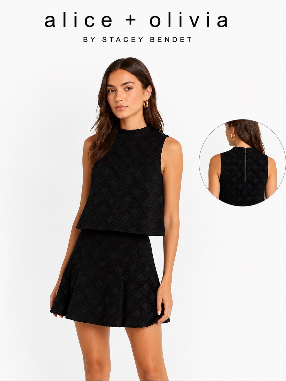 Alice + Olivia Black Textured Sleeveless Crop Top & Skirt Set